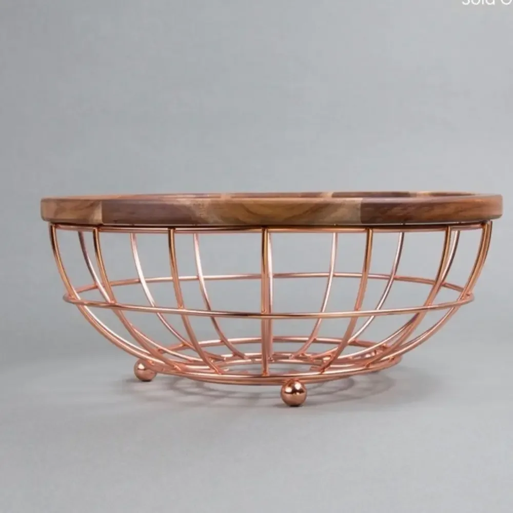 Acacia Wood and Wire‎ Fruit Basket with Copper Finish